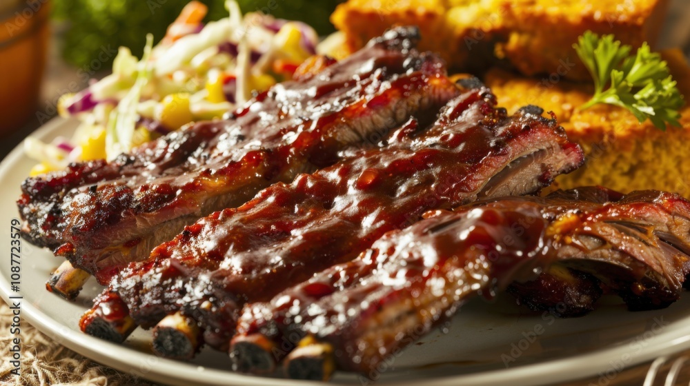A mouthwatering plate of barbecue ribs glazed with tangy sauce and served with coleslaw and cornbread, Ribs arranged in a neat stack A mouthwatering plate of barbecue ribs glazed with tangy sauce and served with coleslaw and cornbread, Ribs arranged in a neat stack