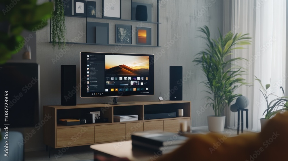 The interior desktop of the family room concept with a television and other decorations looks modern background wallpaper AI generated image The interior desktop of the family room concept with a television and other decorations looks modern background wallpaper AI generated image