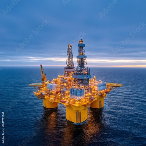 Aerial view of a drilling rig offshore in the sea.
 photo