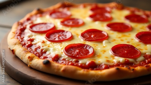 A frozen pizza features pepperoni, melted mozzarella cheese, and tangy tomato sauce atop a crunchy, crispy crust.