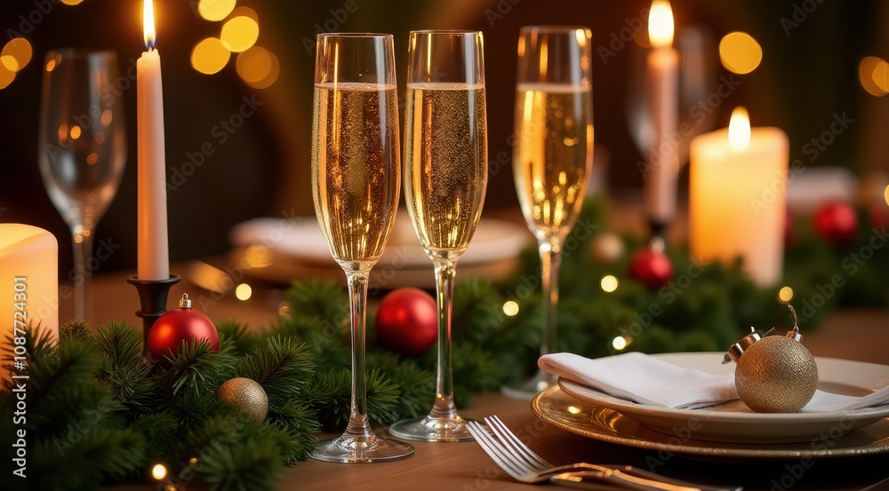 A festive table setting with champagne glasses, candles, and Christmas decorations exudes warmth and celebration