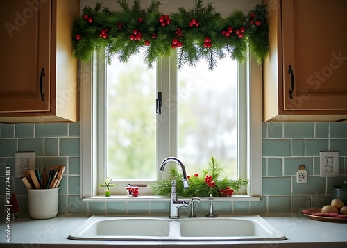 A kitchen window is decorated for holidays with a garland of holly and red berries, plus small ornaments shaped like stars and snowflakes. photo