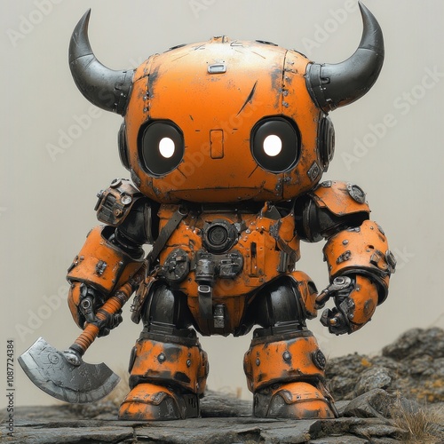 A stylized, orange robotic figure with horns, wielding an axe, set against a rocky background. photo