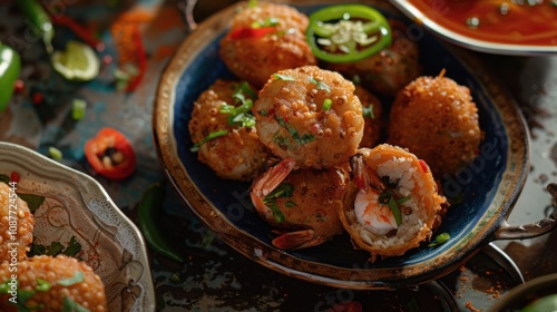 A mouthwatering plate of Brazilian acarajé, deep-fried black-eyed pea fritters stuffed with spicy shrimp