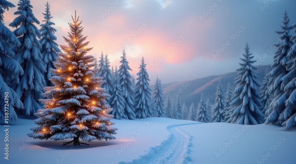 A glowing Christmas tree covered with snow in a tranquil winter forest under soft evening light A glowing Christmas tree covered with snow in a tranquil winter forest under soft evening light