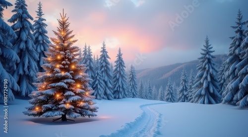 A glowing Christmas tree covered with snow in a tranquil winter forest under soft evening light