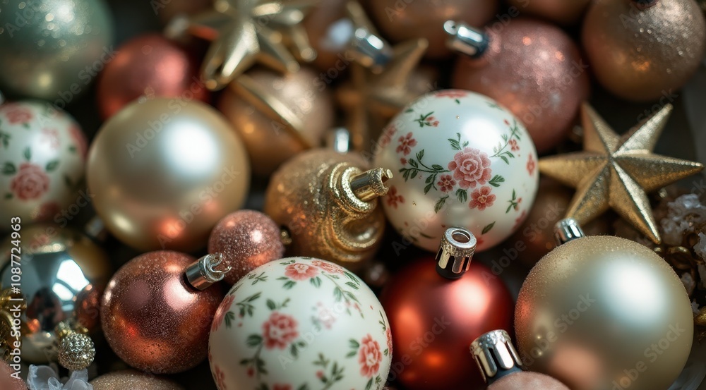 Festive assortment of gold and red Christmas ornaments, featuring decorative floral and star designs, perfect for holiday decoration inspiration Festive assortment of gold and red Christmas ornaments, featuring decorative floral and star designs, perfect for holiday decoration inspiration