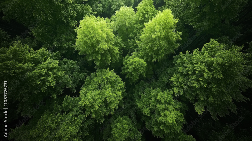 Aerial view of lush green forest canopy with densely packed trees, showcasing vibrant foliage from a top-down perspective.