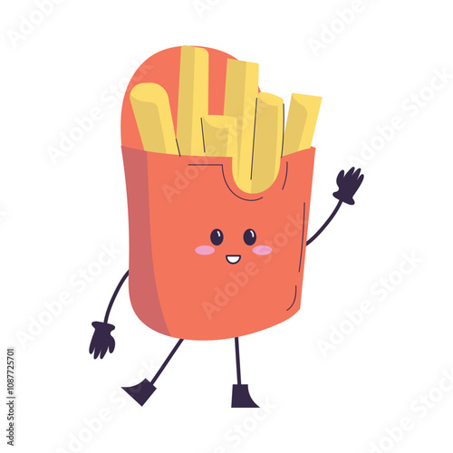 Cute French Fries Product with Smiling Face and Legs Vector Illustration