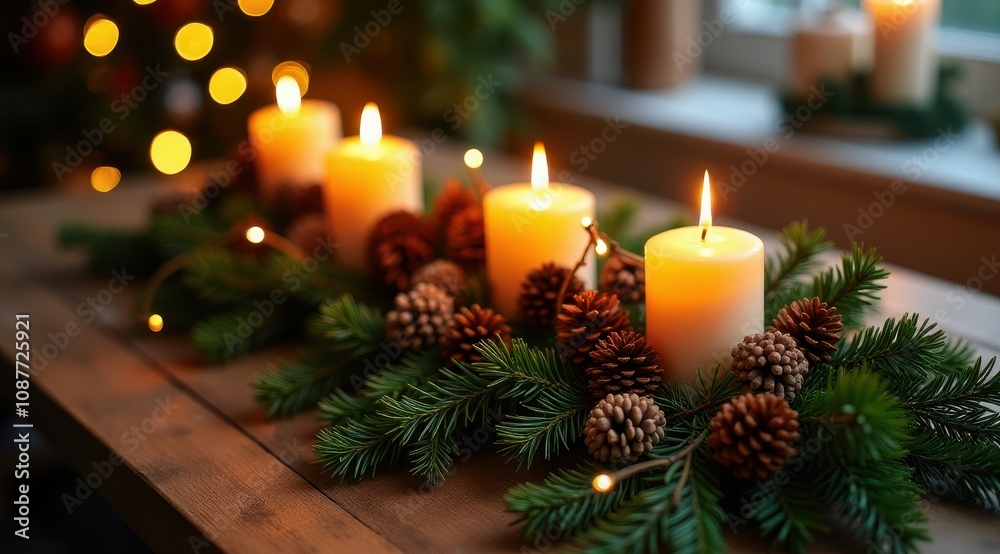 Elegant holiday candles surrounded by pine branches and cones glow warmly on a rustic wooden table, creating a cozy, festive atmosphere Elegant holiday candles surrounded by pine branches and cones glow warmly on a rustic wooden table, creating a cozy, festive atmosphere