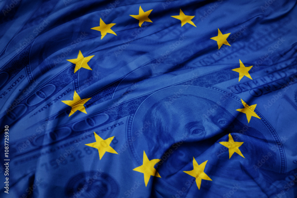 waving colorful flag of european union on the dollar money background. finance concept. waving colorful flag of european union on the dollar money background. finance concept.
