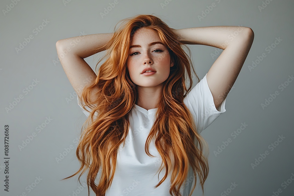 Portrait of a young beautiful woman with long wavy ginger hair wearing a white t-shirt standing isolated on a plain grey background looking at the camera and smiling. Studio shot. Portrait of a young beautiful woman with long wavy ginger hair wearing a white t-shirt standing isolated on a plain grey background looking at the camera and smiling. Studio shot.