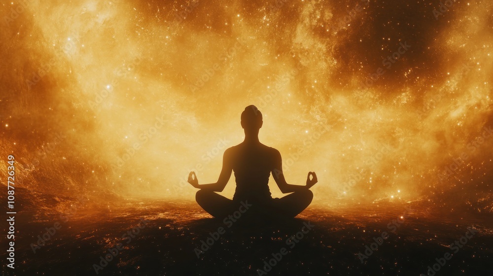 A silhouetted figure meditating against a cosmic, fiery background. A silhouetted figure meditating against a cosmic, fiery background.
