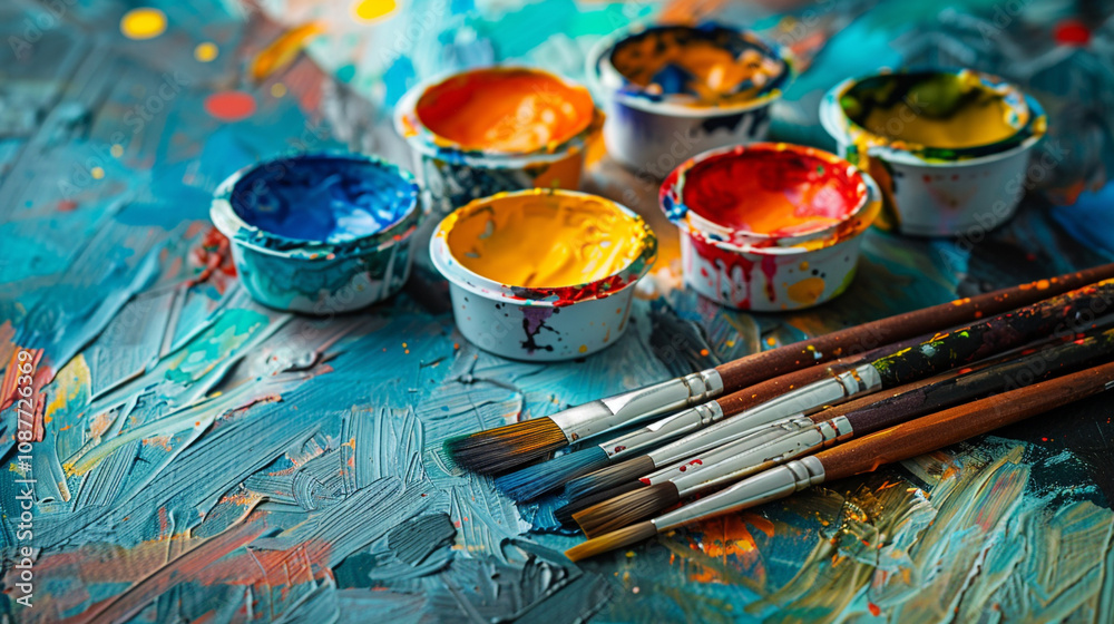 A set of watercolor paints with brushes