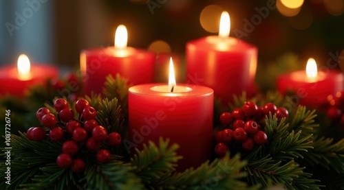 Red Christmas candles surrounded by festive greenery and berries for a warm holiday feel