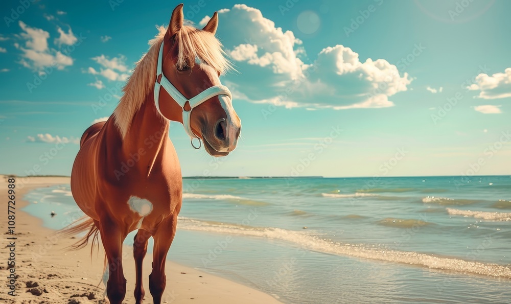 Handsome horse at the beach ocean view. Funny Summer vacation, holidays concept, Generative AI Handsome horse at the beach ocean view. Funny Summer vacation, holidays concept, Generative AI