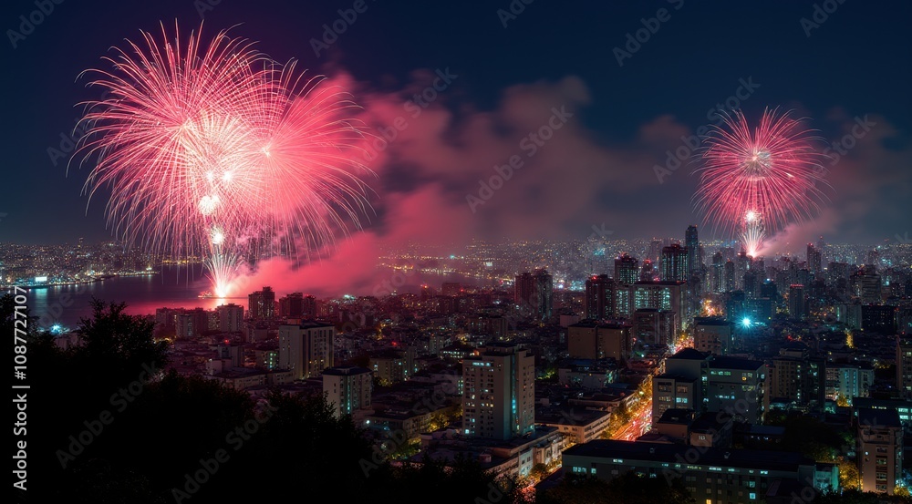 Bright red and gold fireworks illuminate the night sky over a cityscape, celebrating the New Year Bright red and gold fireworks illuminate the night sky over a cityscape, celebrating the New Year