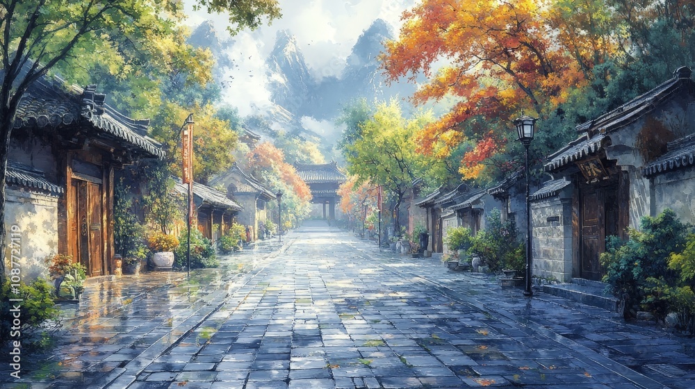 Serene bamboo forest path in traditional village setting Serene bamboo forest path in traditional village setting