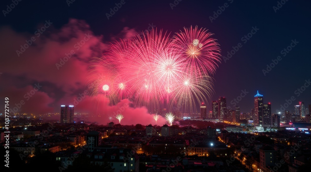 Bright red and gold fireworks illuminate the night sky over a cityscape, celebrating the New Year Bright red and gold fireworks illuminate the night sky over a cityscape, celebrating the New Year