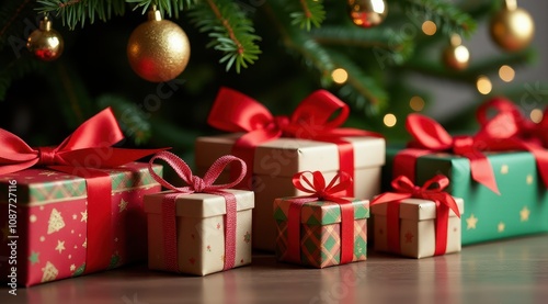 Festive holiday presents wrapped in red and green paper with bows sit under a decorated Christmas tree