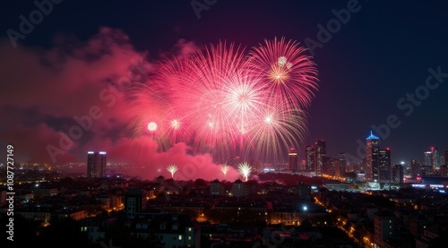 Bright red and gold fireworks illuminate the night sky over a cityscape, celebrating the New Year