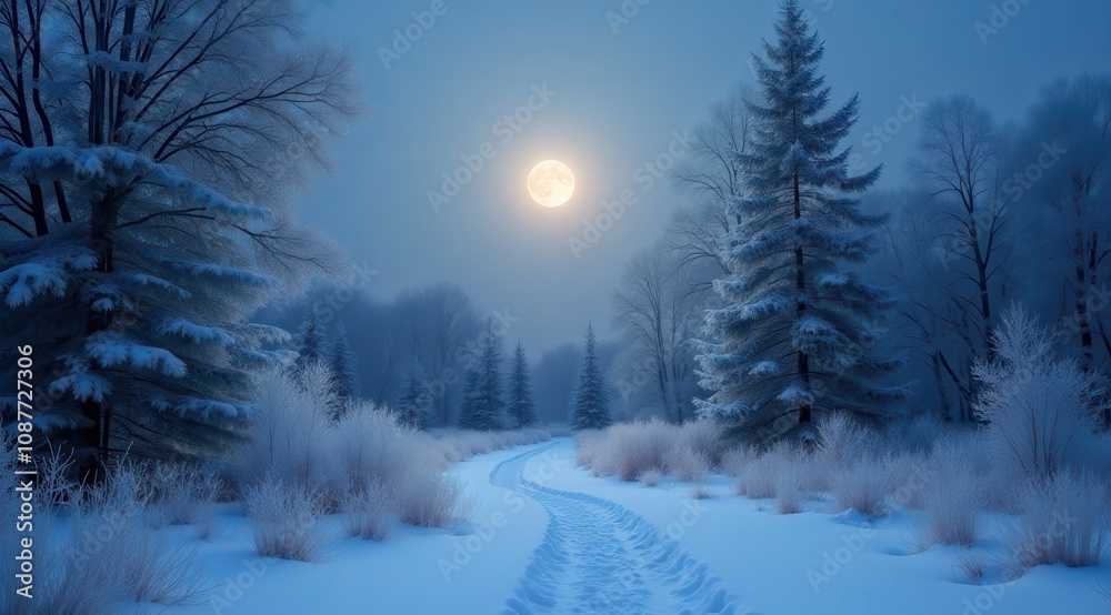 Snow-covered landscape with tall pines and a glowing full moon on a serene winter night Snow-covered landscape with tall pines and a glowing full moon on a serene winter night