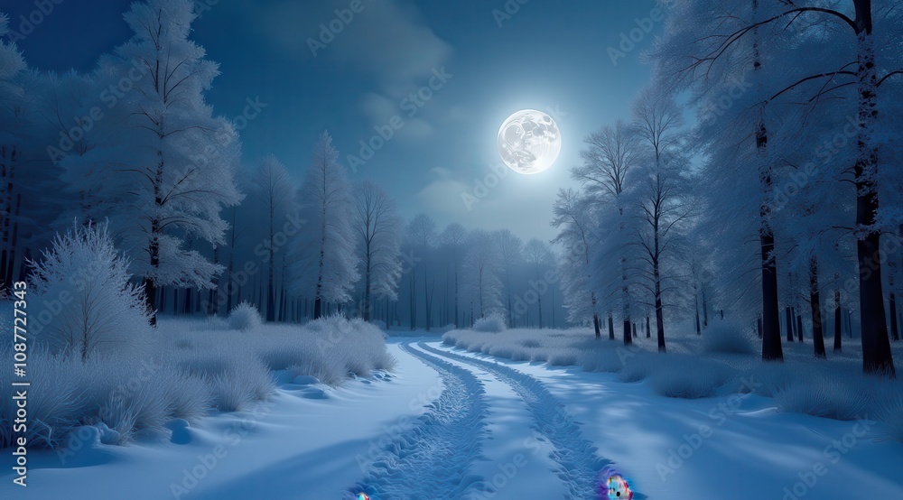 Snow-covered landscape with tall pines and a glowing full moon on a serene winter night Snow-covered landscape with tall pines and a glowing full moon on a serene winter night