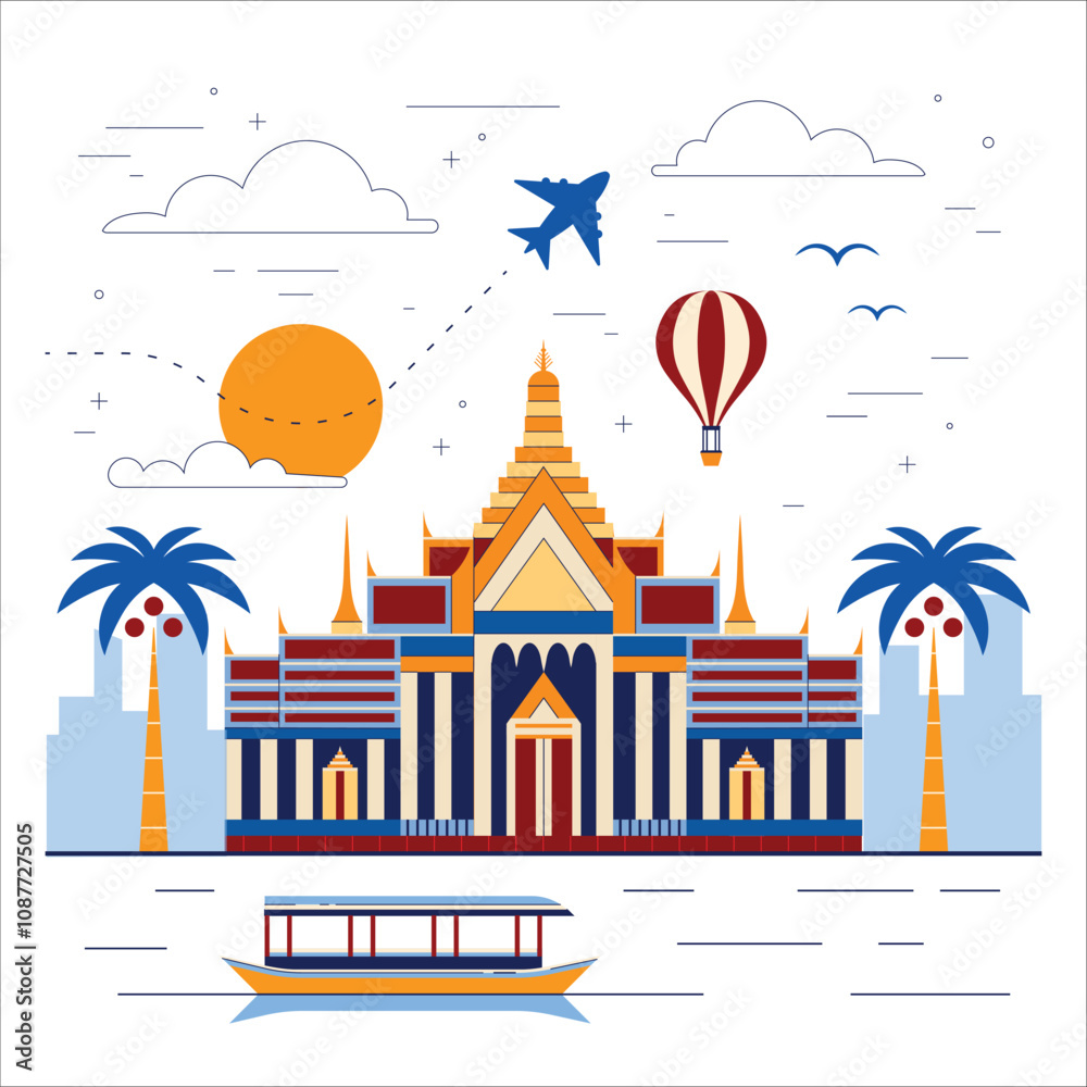 Asia and Thailand Travel Illustration with Temple