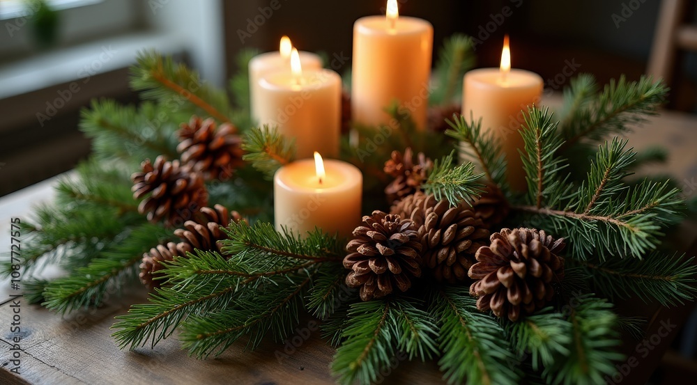 A cozy holiday centerpiece featuring lit candles nestled among pine branches and pinecones on a rustic wooden table A cozy holiday centerpiece featuring lit candles nestled among pine branches and pinecones on a rustic wooden table