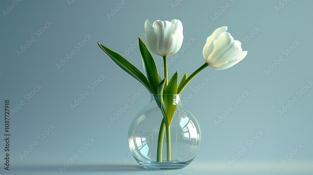 A single white tulip in a clear glass vase A single white tulip in a clear glass vase