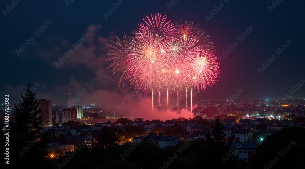 Bright red and gold fireworks illuminate the night sky over a cityscape, celebrating the New Year Bright red and gold fireworks illuminate the night sky over a cityscape, celebrating the New Year