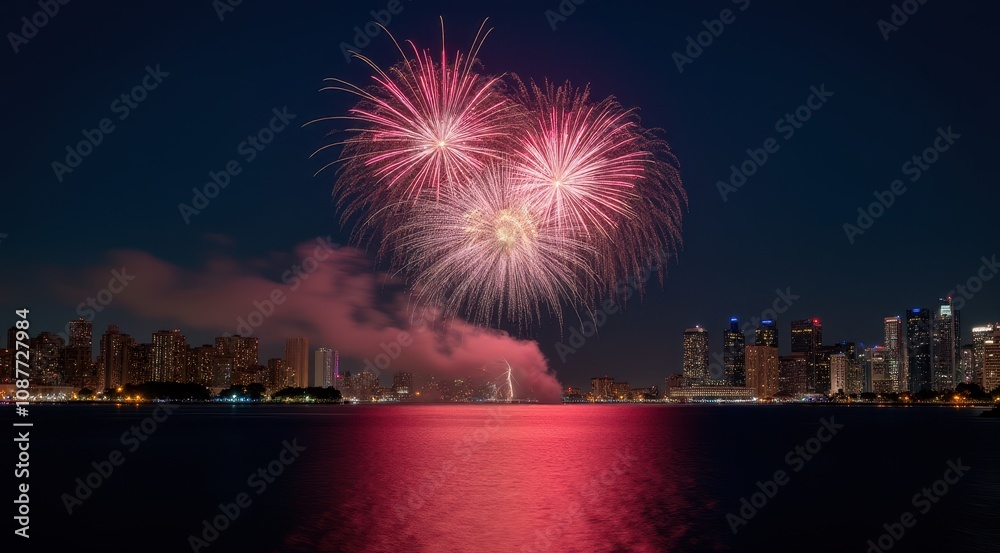 Bright red and gold fireworks illuminate the night sky over a cityscape, celebrating the New Year Bright red and gold fireworks illuminate the night sky over a cityscape, celebrating the New Year