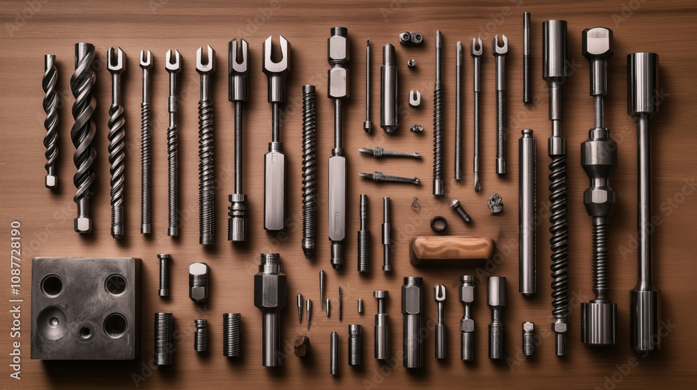 Collection of various metal drill bits and tools neatly organized on a wooden surface, showcasing industrial and mechanical components for drilling and machining purposes Collection of various metal drill bits and tools neatly organized on a wooden surface, showcasing industrial and mechanical components for drilling and machining purposes
