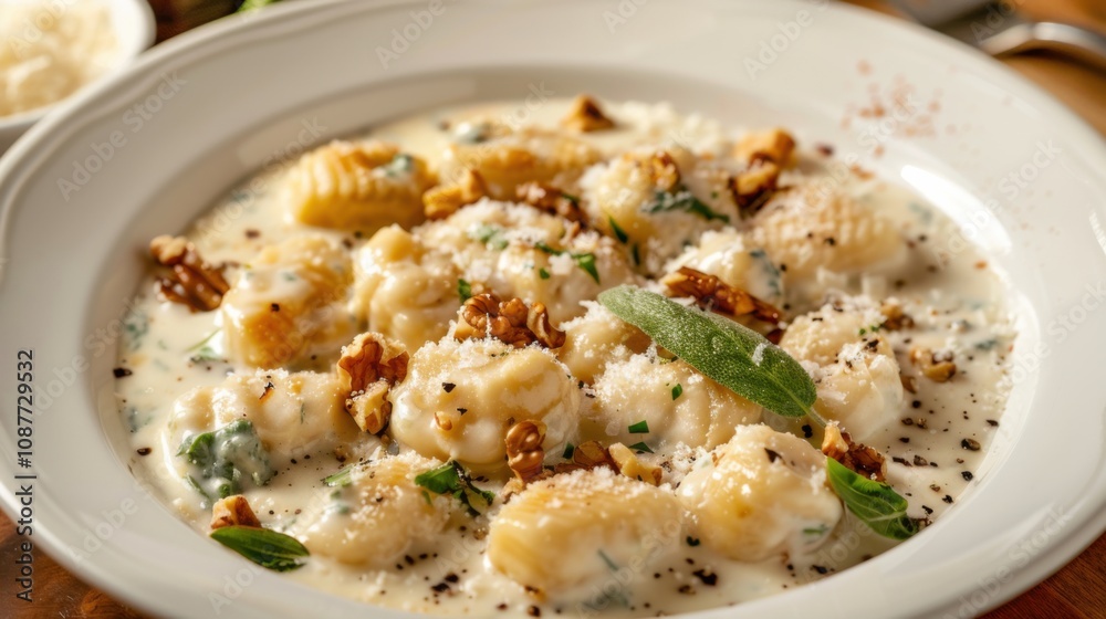A mouthwatering plate of Italian gnocchi, tender potato dumplings tossed in creamy pesto sauce with cherry tomatoes and basil A mouthwatering plate of Italian gnocchi, tender potato dumplings tossed in creamy pesto sauce with cherry tomatoes and basil