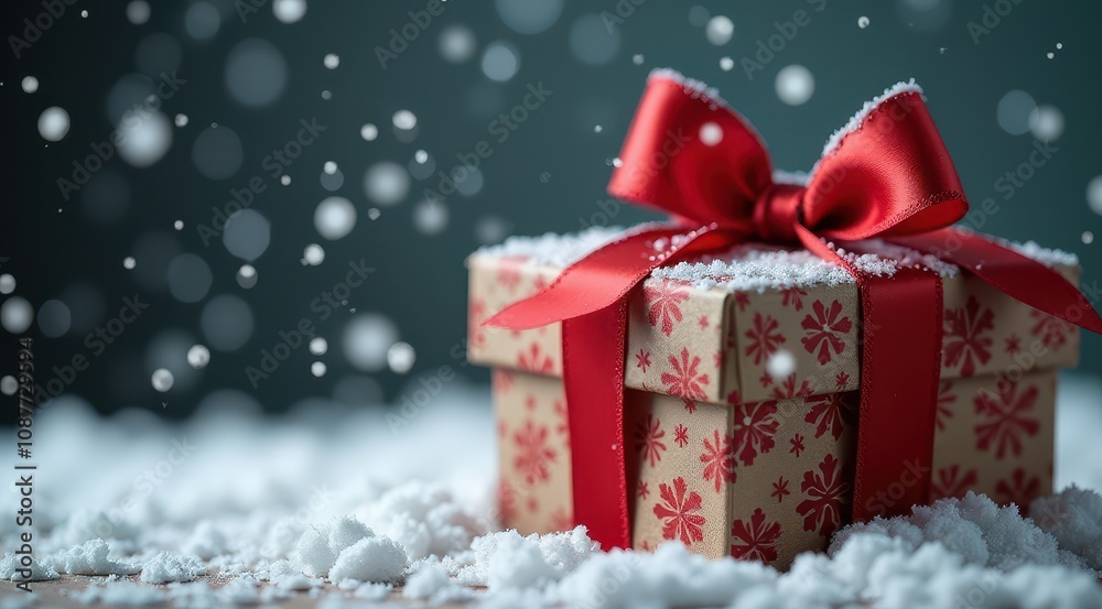 A beautifully wrapped gift box, surrounded by falling snow, perfect for the holiday season A beautifully wrapped gift box, surrounded by falling snow, perfect for the holiday season