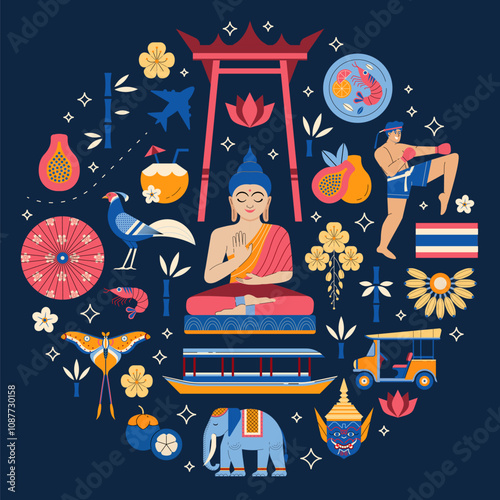Thailand Travel Symbols and Landmarks in Circle Shape
