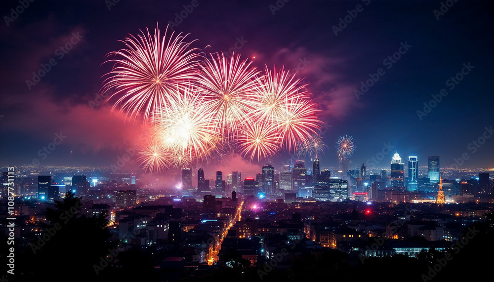 City skyline at midnight with vibrant fireworks and illuminated buildings. City skyline at midnight with vibrant fireworks and illuminated buildings.