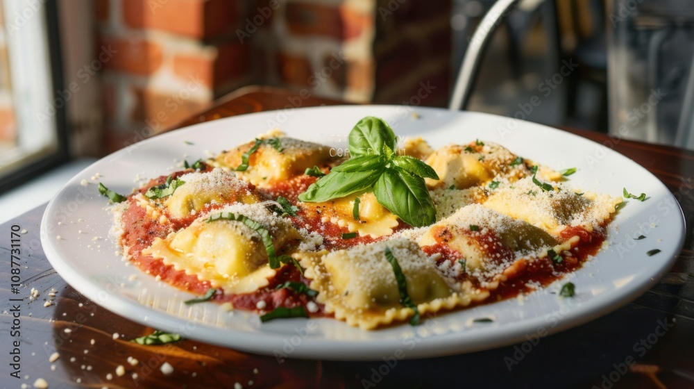 A mouthwatering plate of Italian ravioli, delicate pasta parcels filled with ricotta and spinach A mouthwatering plate of Italian ravioli, delicate pasta parcels filled with ricotta and spinach