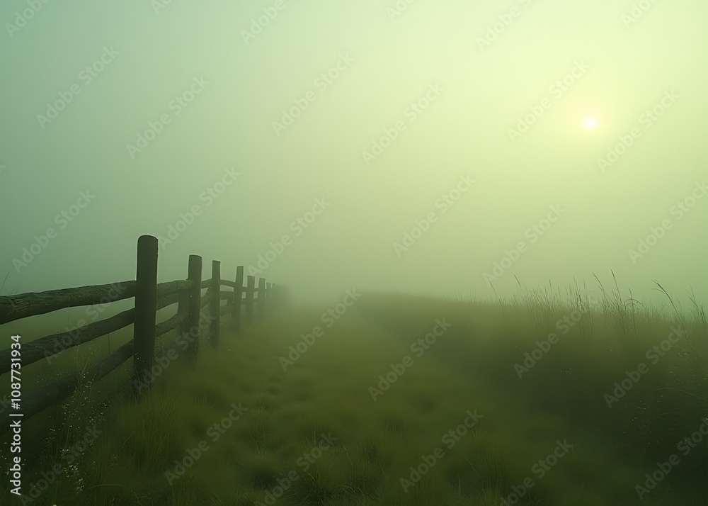 Fototapeta premium Calm atmospheric meadow scene featuring a rustic wooden fence, ideal serene footage for social media platforms like TikTok and Instagram.