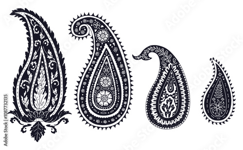 Set of black and white paisley silhouette motifs isolated on white background. Indian style monochrome design elements bundle