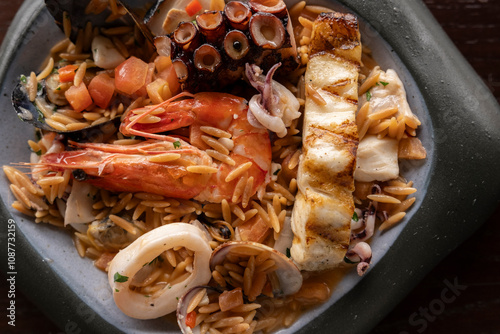 shrimp, octopus, salmon, mussel dinner plate