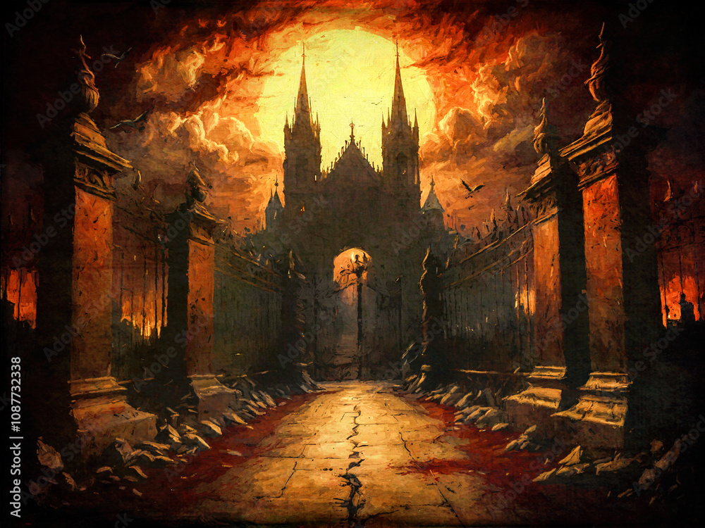 Düstere Stadtlandschaft mit verwitterter Kathedrale und bedrohlichem Himmel bei Sonnenuntergang