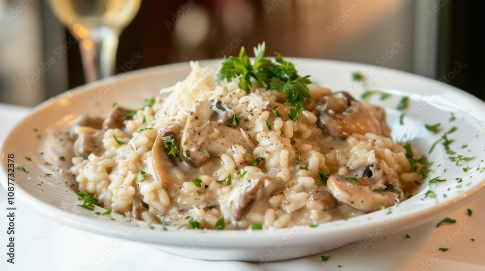 A mouthwatering plate of Italian risotto ai funghi, creamy risotto cooked with mushrooms A mouthwatering plate of Italian risotto ai funghi, creamy risotto cooked with mushrooms
