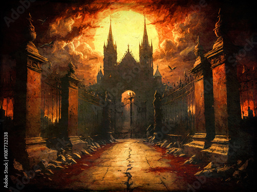 Obraz na płótnie Düstere Stadtlandschaft mit verwitterter Kathedrale und bedrohlichem Himmel bei Sonnenuntergang w salonie