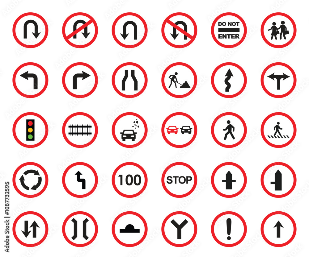 Set of Traffic and Road Signs in Red Circular Borders Vector Set of Traffic and Road Signs in Red Circular Borders Vector