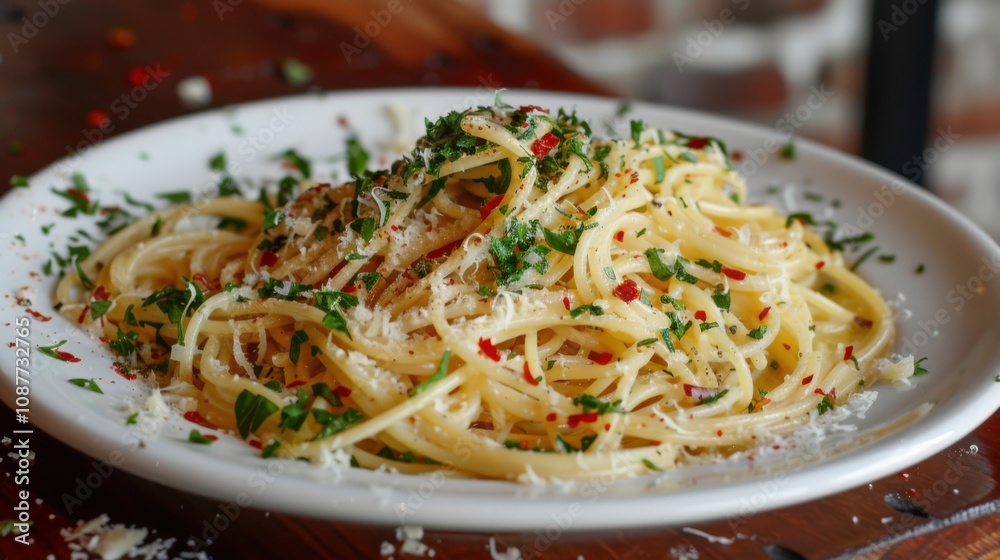 A mouthwatering plate of Italian spaghetti aglio e olio, pasta tossed with garlic A mouthwatering plate of Italian spaghetti aglio e olio, pasta tossed with garlic