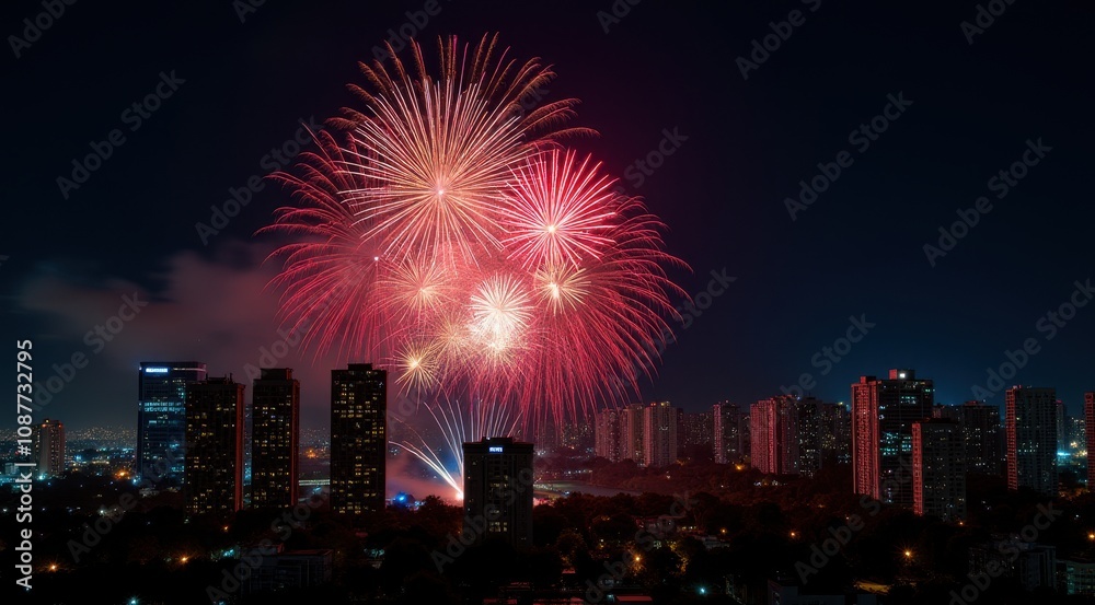 Vibrant red fireworks lighting up a night city skyline during new year celebrations Vibrant red fireworks lighting up a night city skyline during new year celebrations
