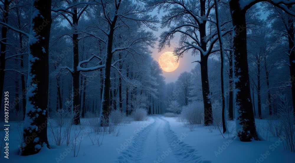 Snow-covered landscape with tall pines and a glowing full moon on a serene winter night Snow-covered landscape with tall pines and a glowing full moon on a serene winter night