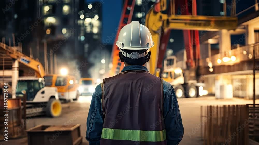 A builder in a hard hat and vest walk along a construction site in the night city. A builder in a hard hat and vest walk along a construction site in the night city.