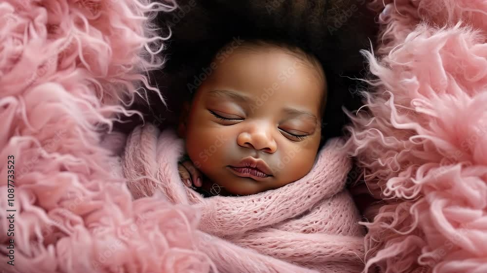 Newborn sleeping in bed. A cute African American baby is wrapped in a pink towel and a fluffy blanket. Newborn sleeping in bed. A cute African American baby is wrapped in a pink towel and a fluffy blanket.